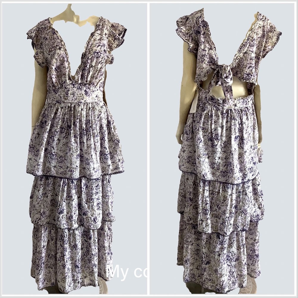 HAPPY X NATURE Levander Floral Boho Maxi Dress Ruffled Feminine deep V Neck